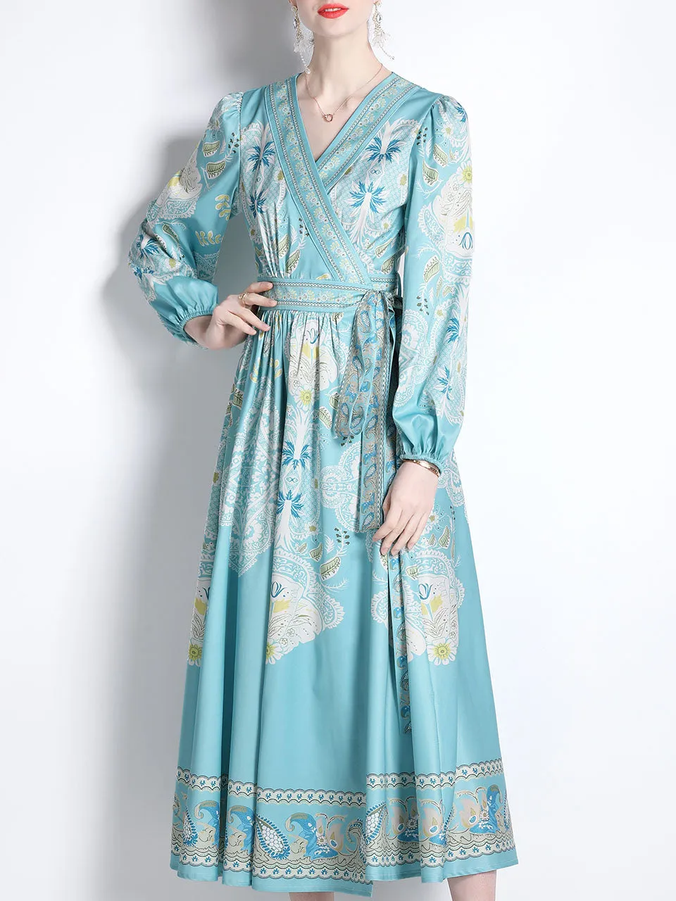 Blue Romantic Floral Print Deep V Neck Long Sleeve Maxi Boho Dress