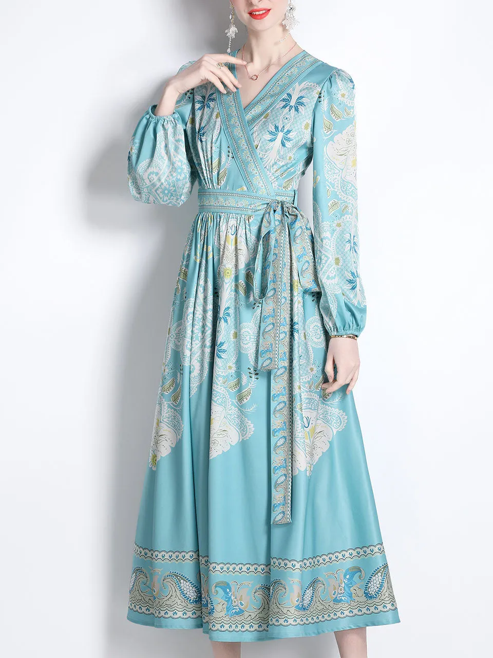 Blue Romantic Floral Print Deep V Neck Long Sleeve Maxi Boho Dress