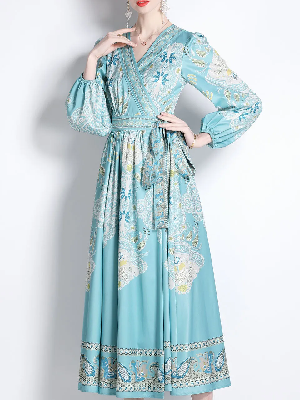 Blue Romantic Floral Print Deep V Neck Long Sleeve Maxi Boho Dress