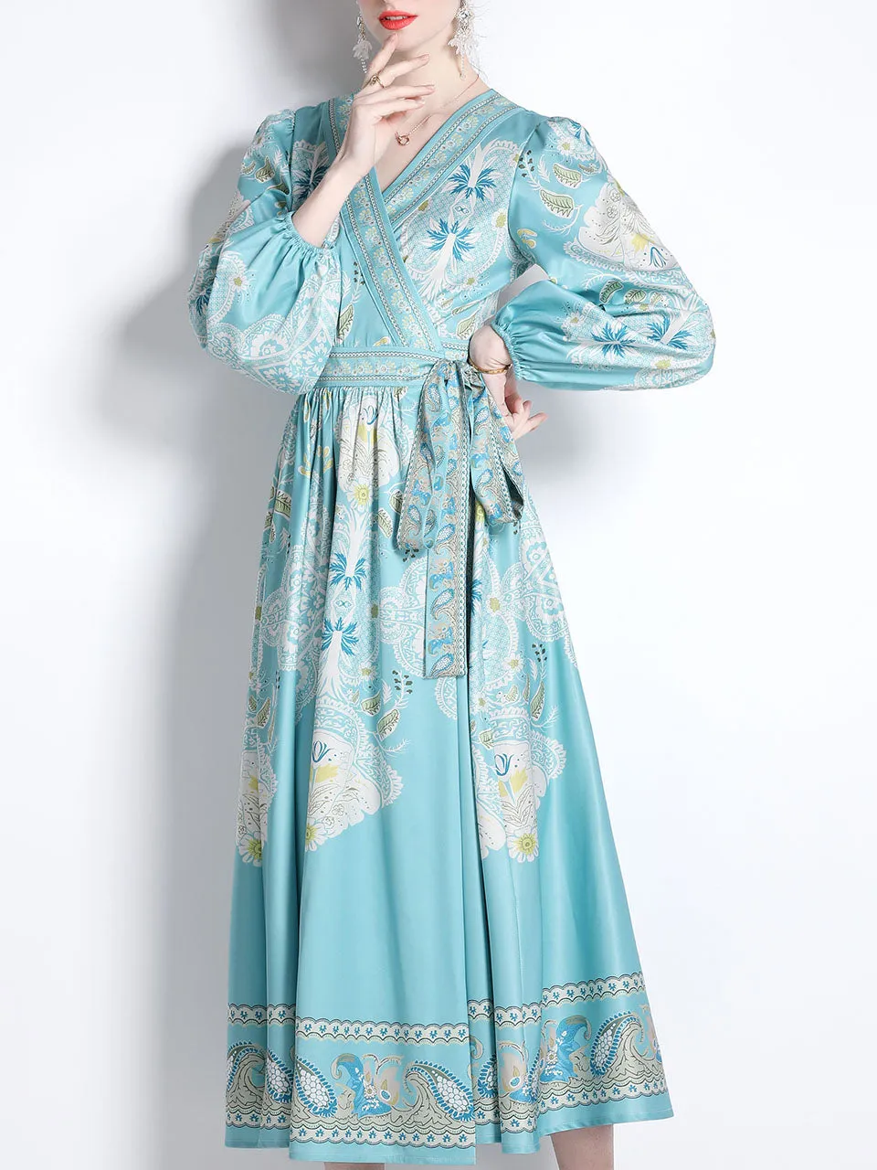 Blue Romantic Floral Print Deep V Neck Long Sleeve Maxi Boho Dress