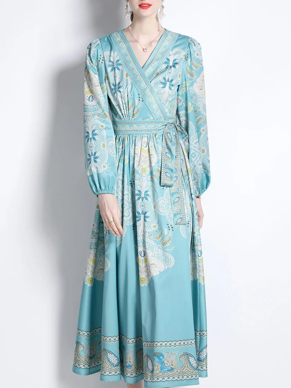 Blue Romantic Floral Print Deep V Neck Long Sleeve Maxi Boho Dress