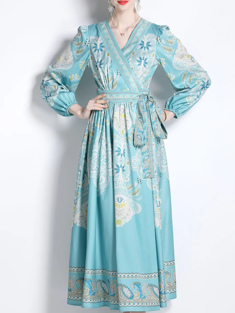 Blue Romantic Floral Print Deep V Neck Long Sleeve Maxi Boho Dress