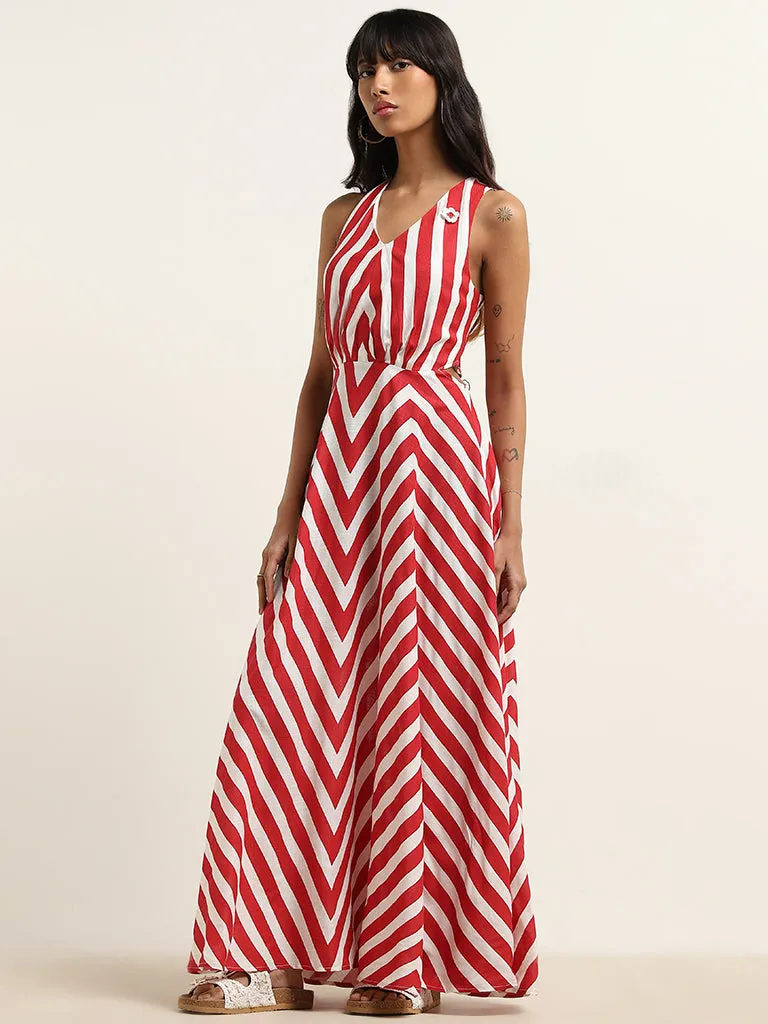 Bombay Paisley Red Chevron Printed A-Line Maxi Dress