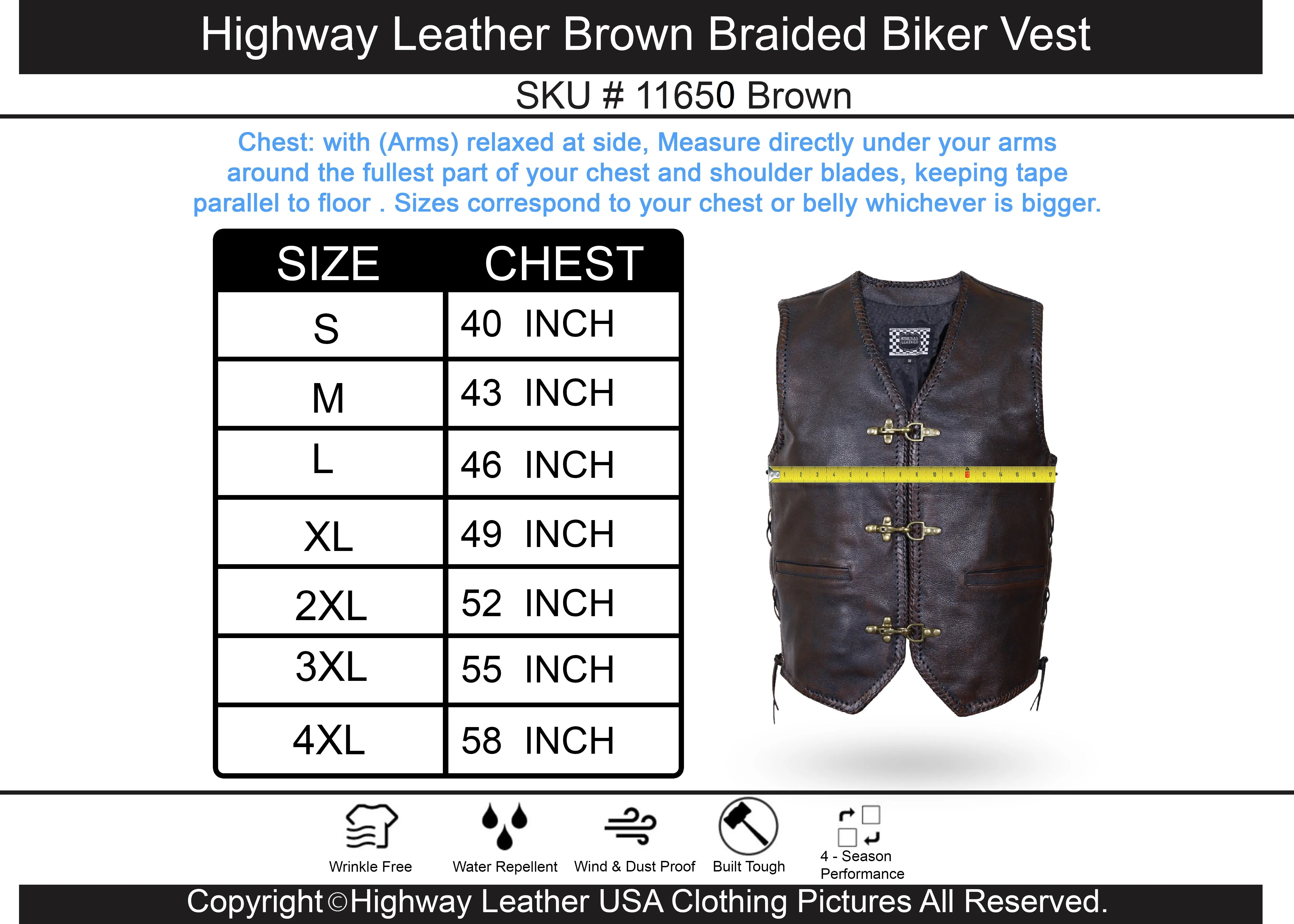 BROWN HL11650BROWN Heavy Metal Rocker Braid Waistcoat Motorcycle Vest Buckle