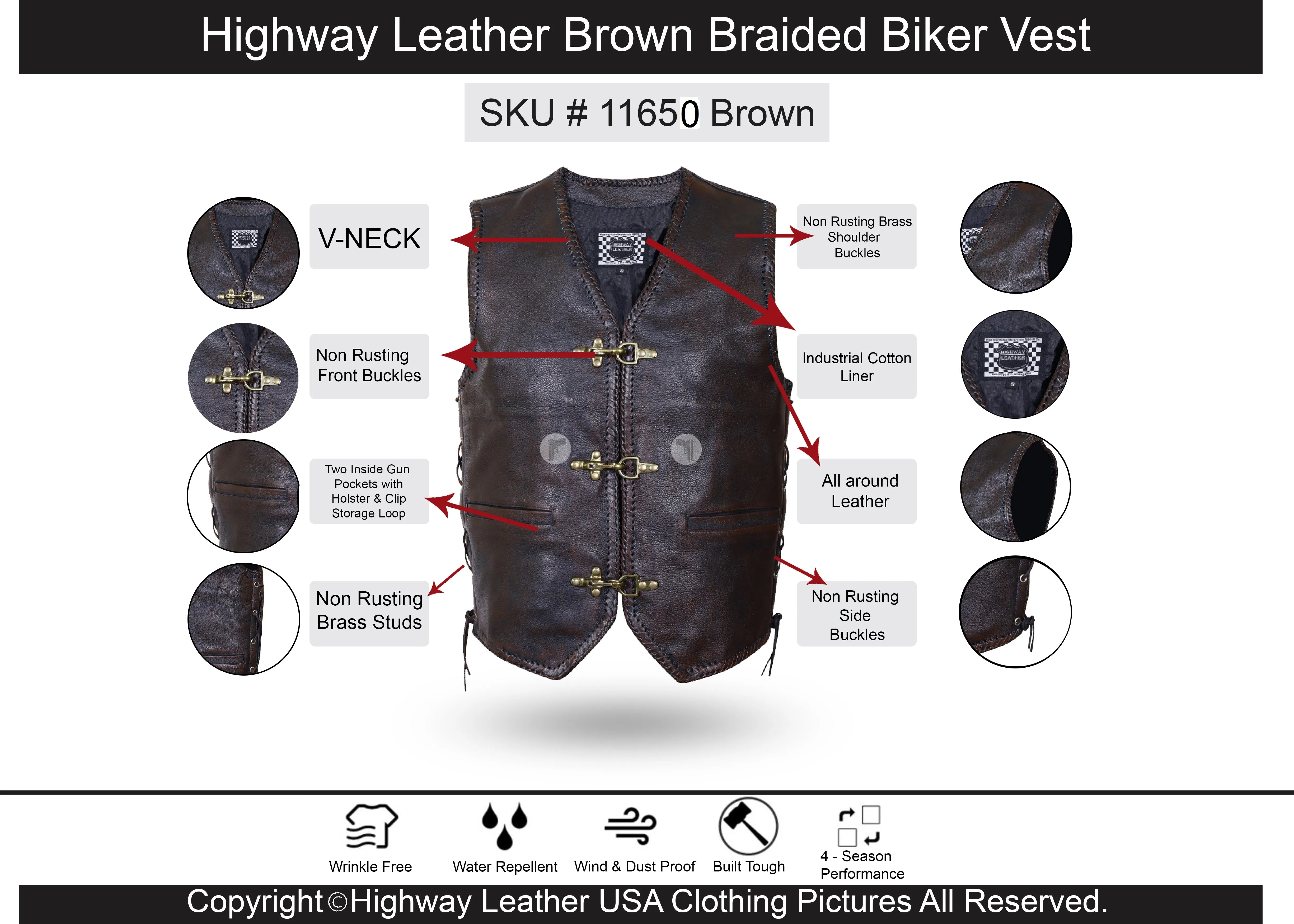 BROWN HL11650BROWN Heavy Metal Rocker Braid Waistcoat Motorcycle Vest Buckle