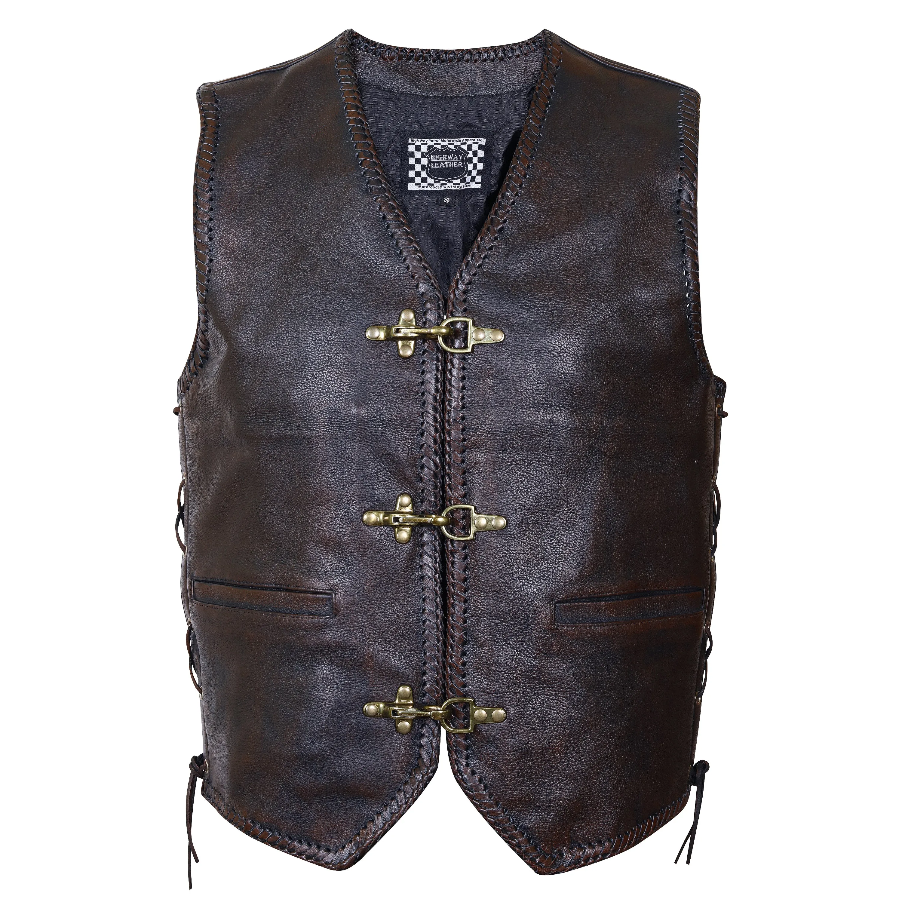 BROWN HL11650BROWN Heavy Metal Rocker Braid Waistcoat Motorcycle Vest Buckle