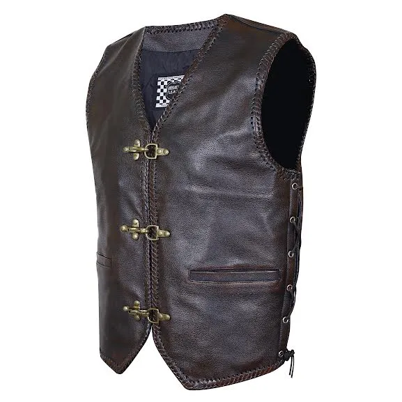 BROWN HL11650BROWN Heavy Metal Rocker Braid Waistcoat Motorcycle Vest Buckle