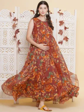 Brown Printed Maxi Maternity Baby Shower Dress