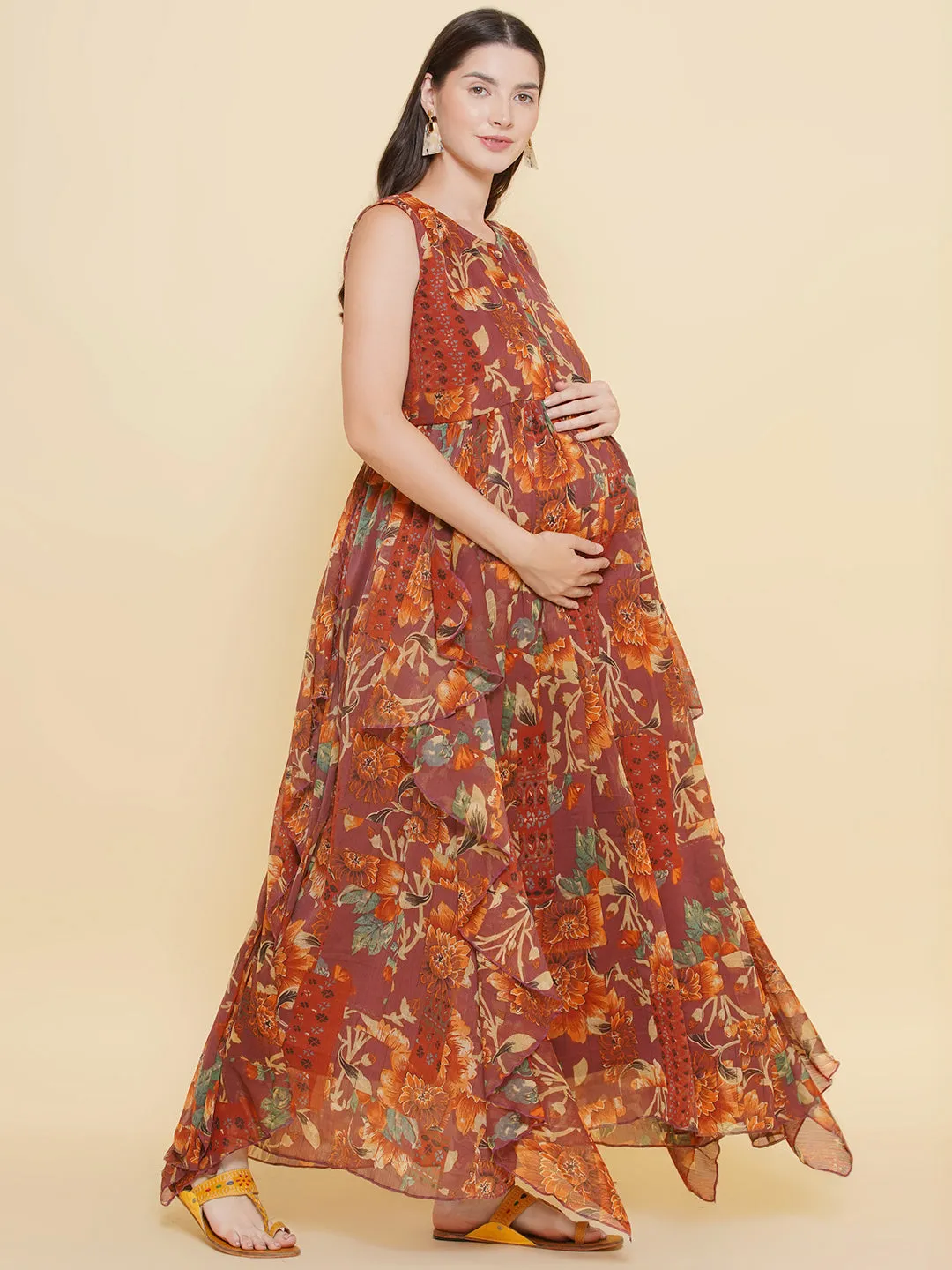 Brown Printed Maxi Maternity Baby Shower Dress