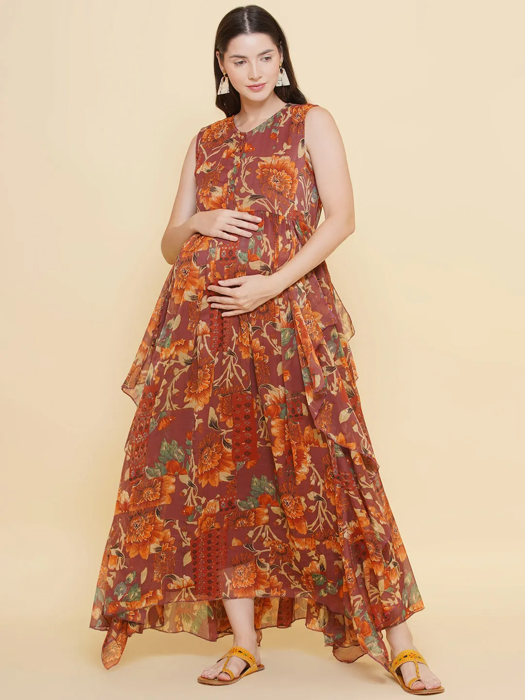 Brown Printed Maxi Maternity Baby Shower Dress