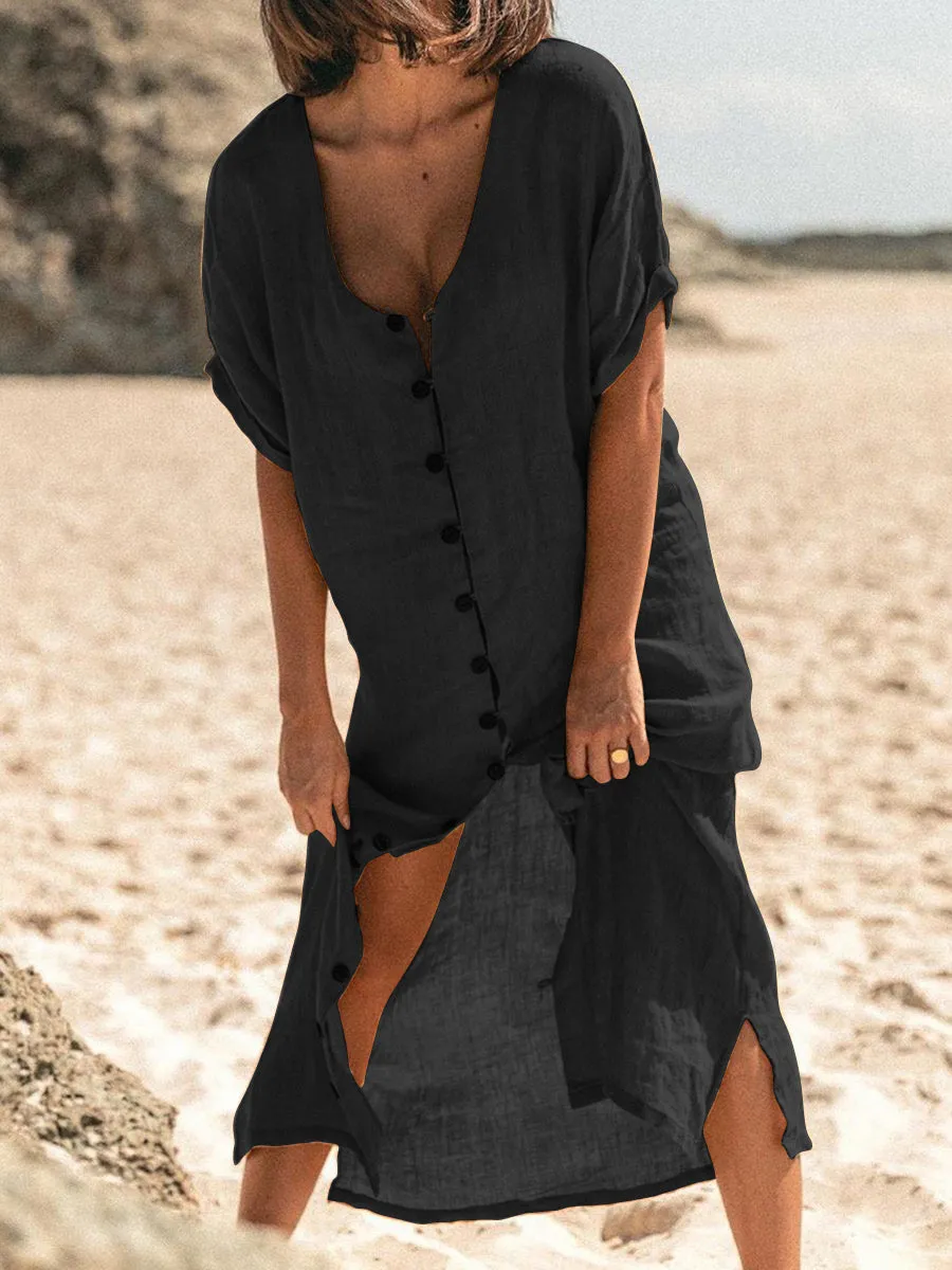 Buttoned V-Neck Solid Casual Dresses