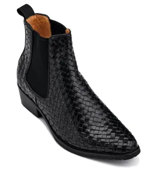 CALTO - K30521 - 3.3 Inches Taller (Black) - Woven Slip-On High-Top Chelsea Ankle Boots