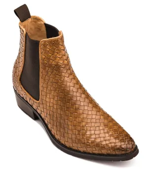 CALTO - K30522 - 3.3 Inches Taller (Brown) - Woven Chelsea High-Top Slip-On Ankle Boots