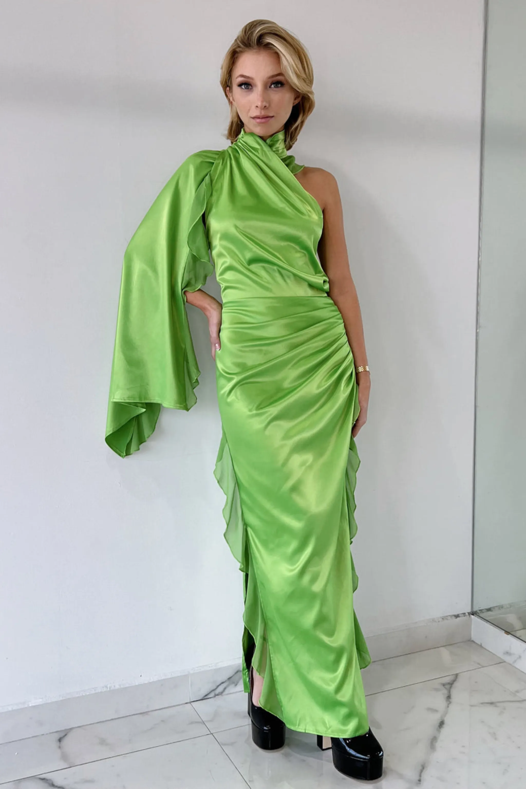 CASSIE LIME ONE SHOULDER DRESS