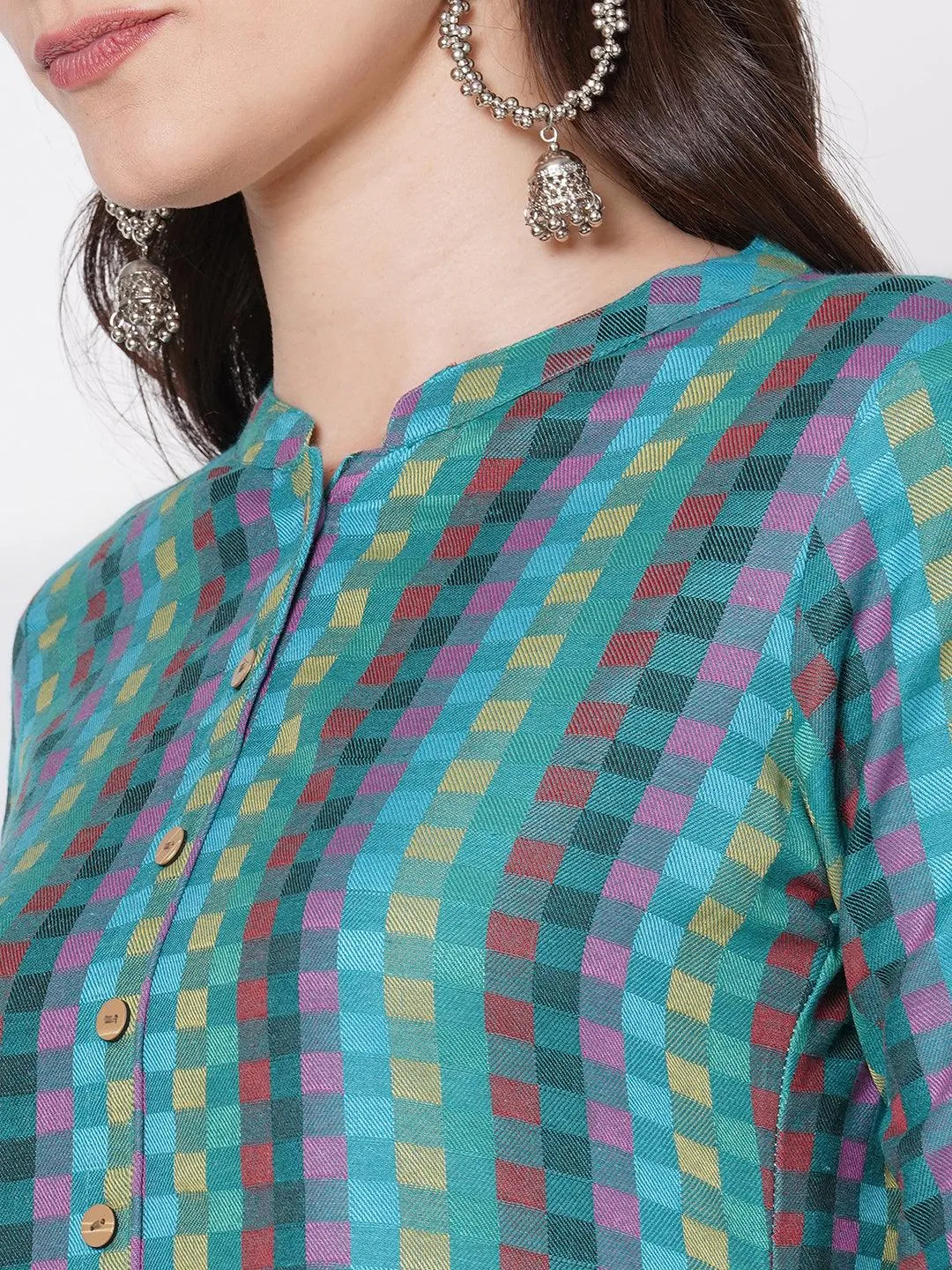 Checks Woven A-Line Kurta - Multi