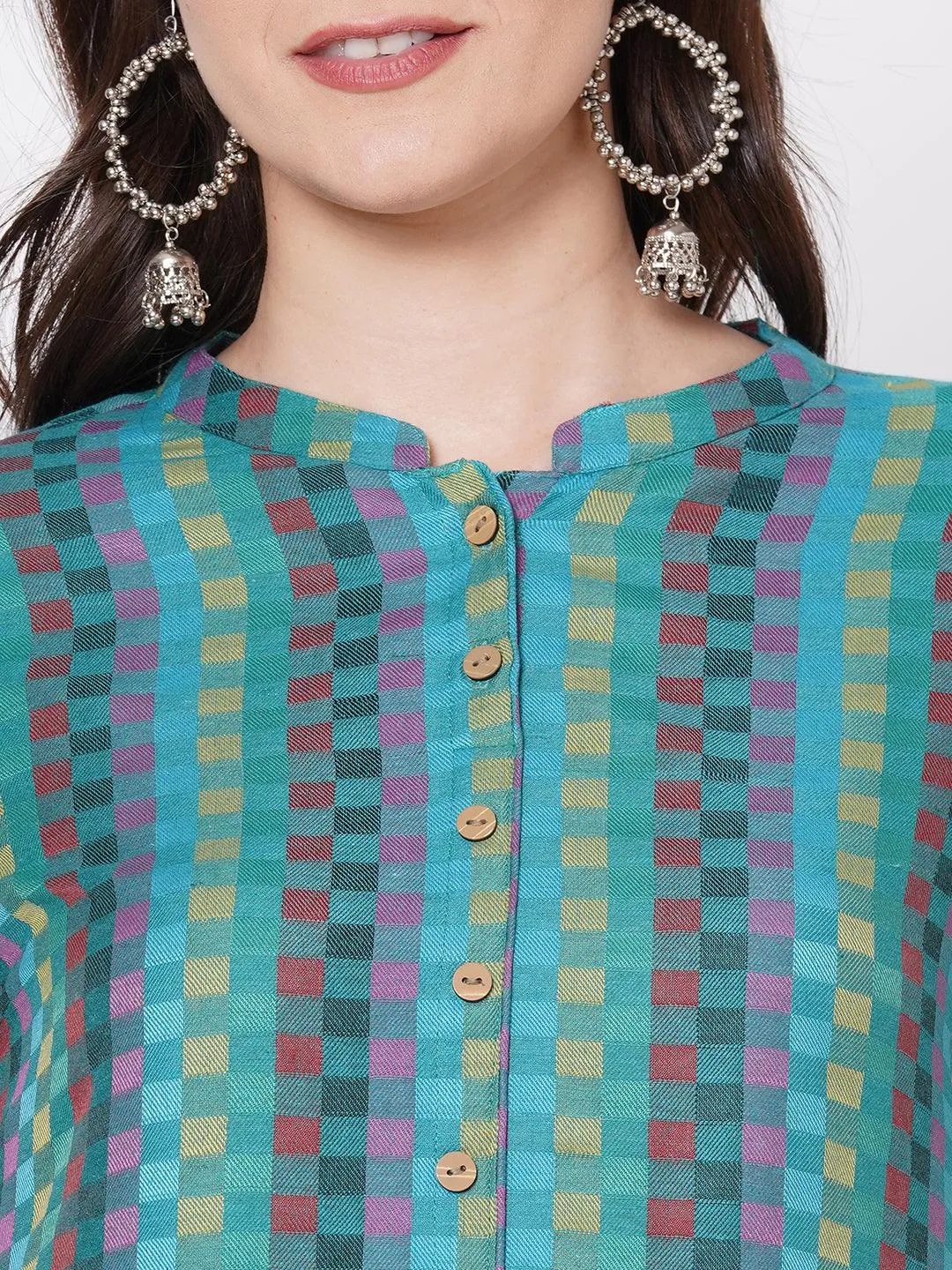 Checks Woven A-Line Kurta - Multi