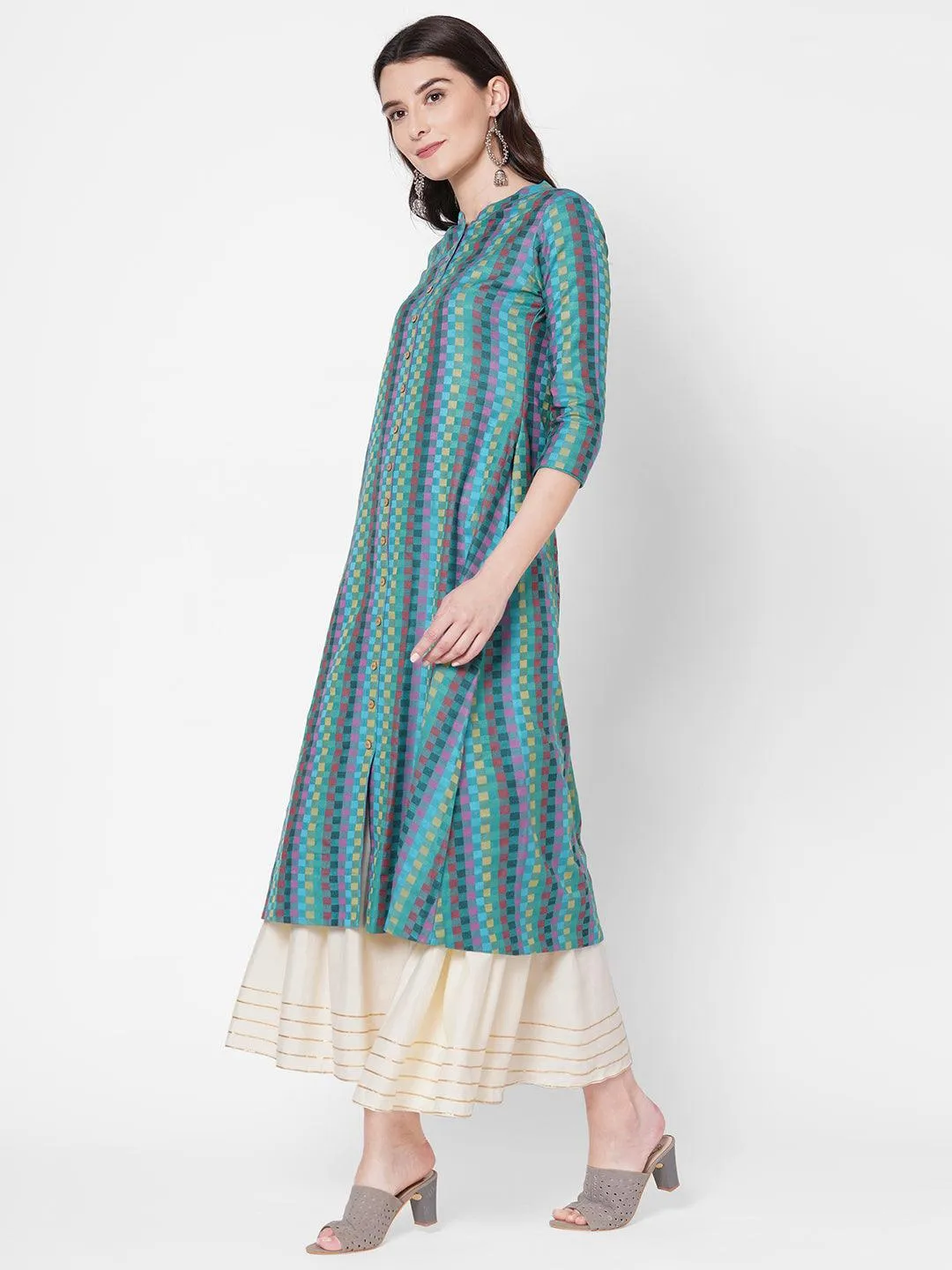 Checks Woven A-Line Kurta - Multi