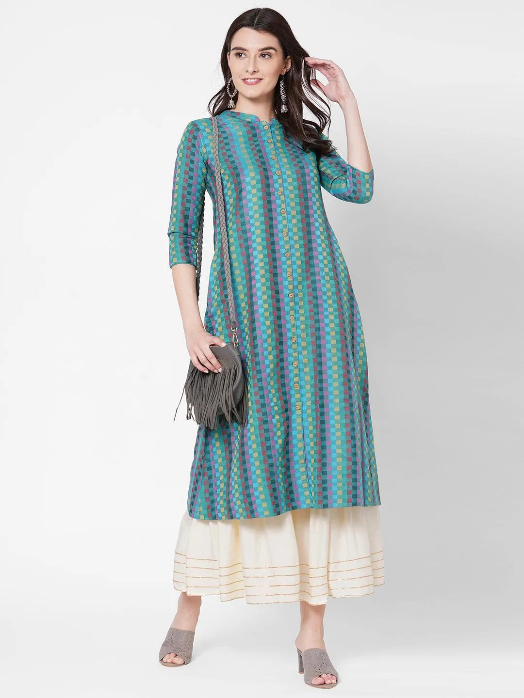 Checks Woven A-Line Kurta - Multi