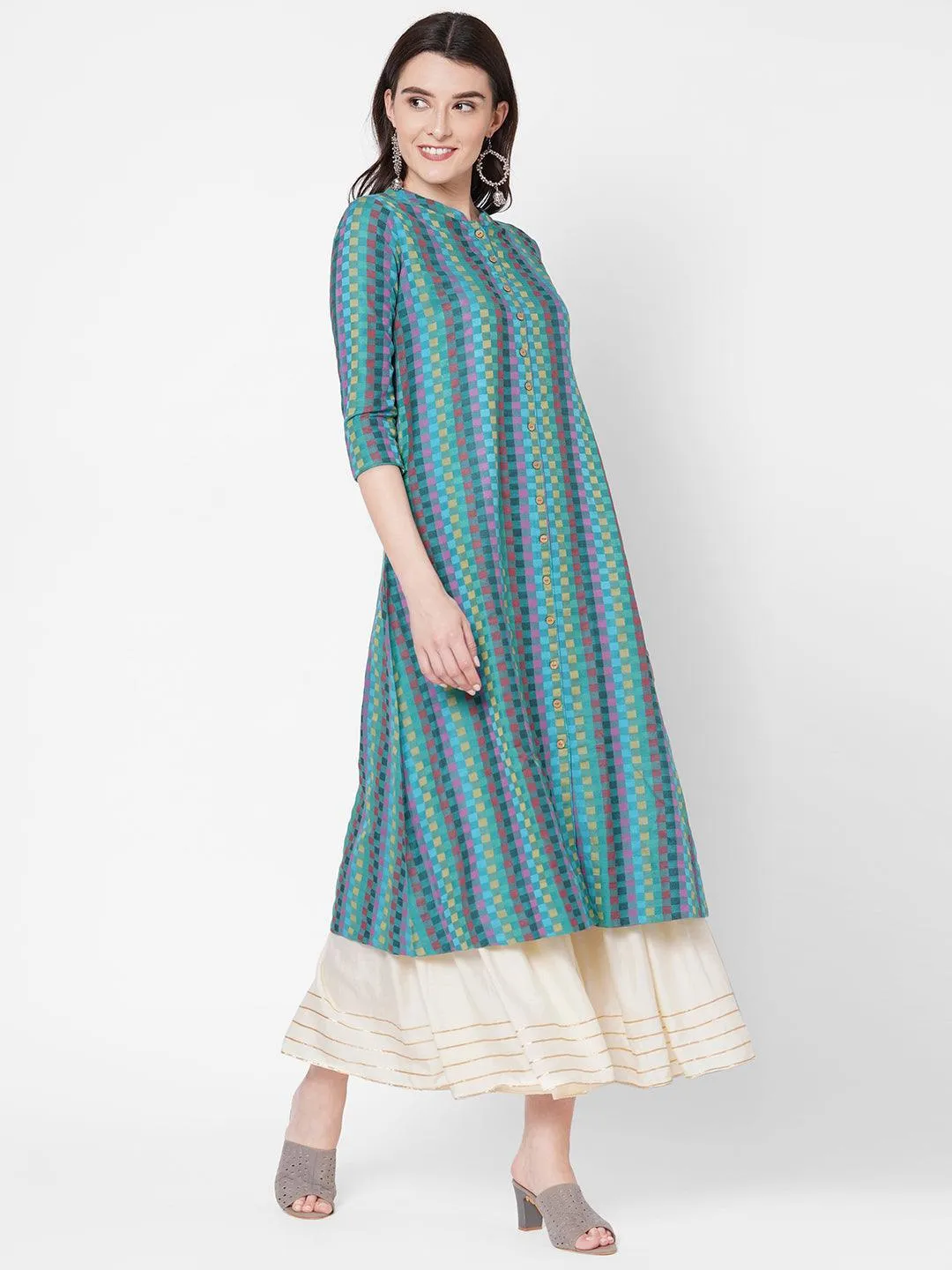 Checks Woven A-Line Kurta - Multi