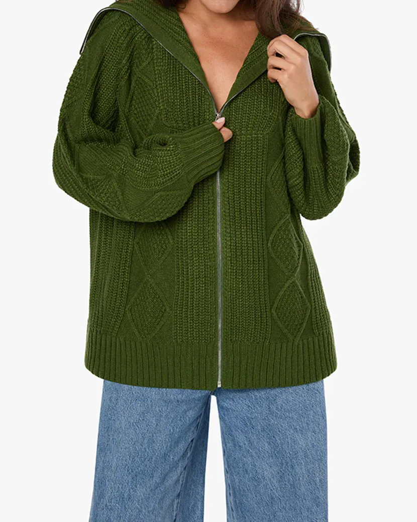 Chunky Cable Knit Zip Up Hunter Green