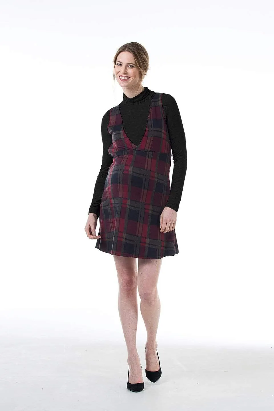 Coralia V-Neck Plaids Maternity Dress Maroon