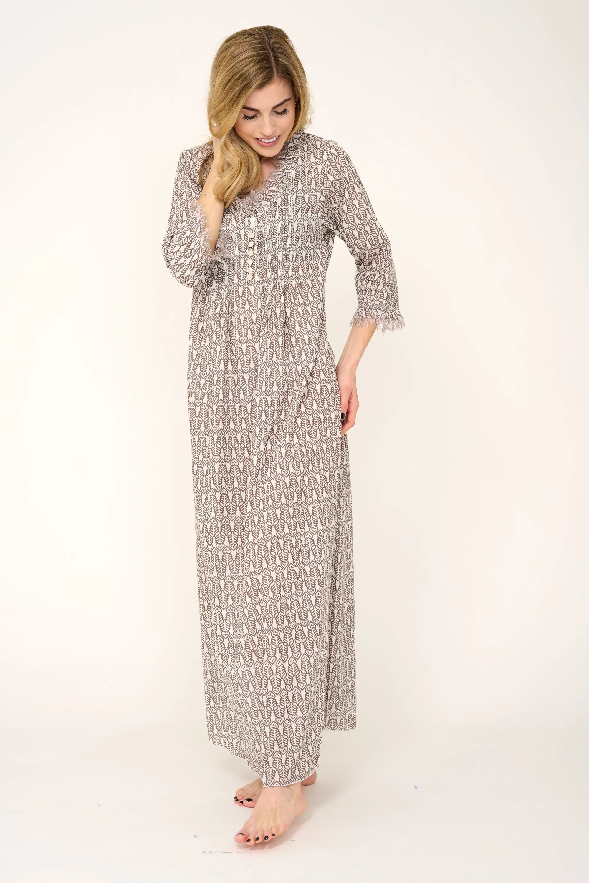 Cotton Annabel Maxi Dress in Fresh Taupe & White