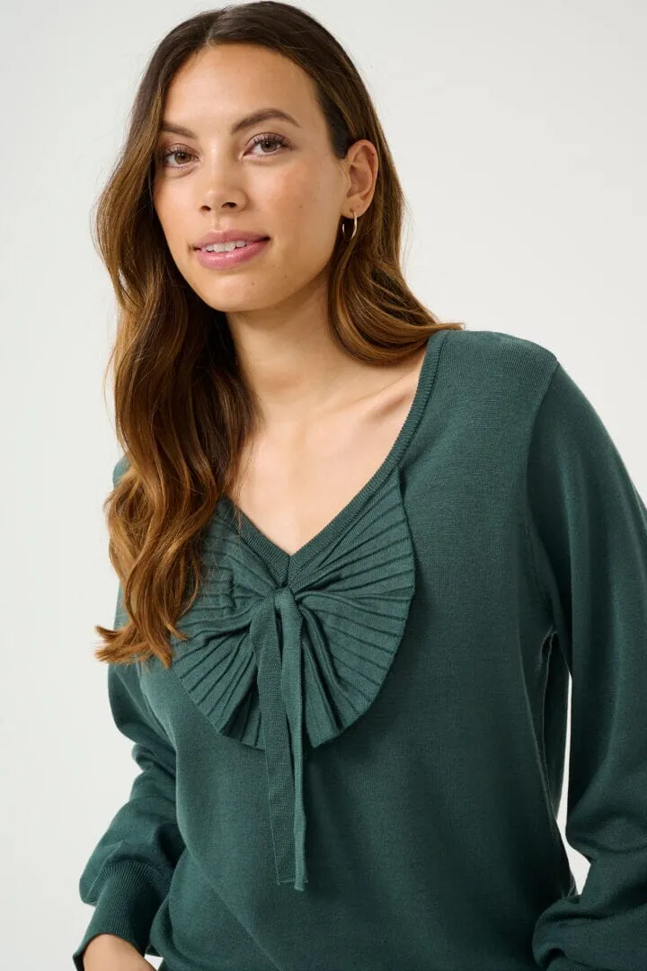 DARK GREEN BOW DETAIL VNECK SWEATER