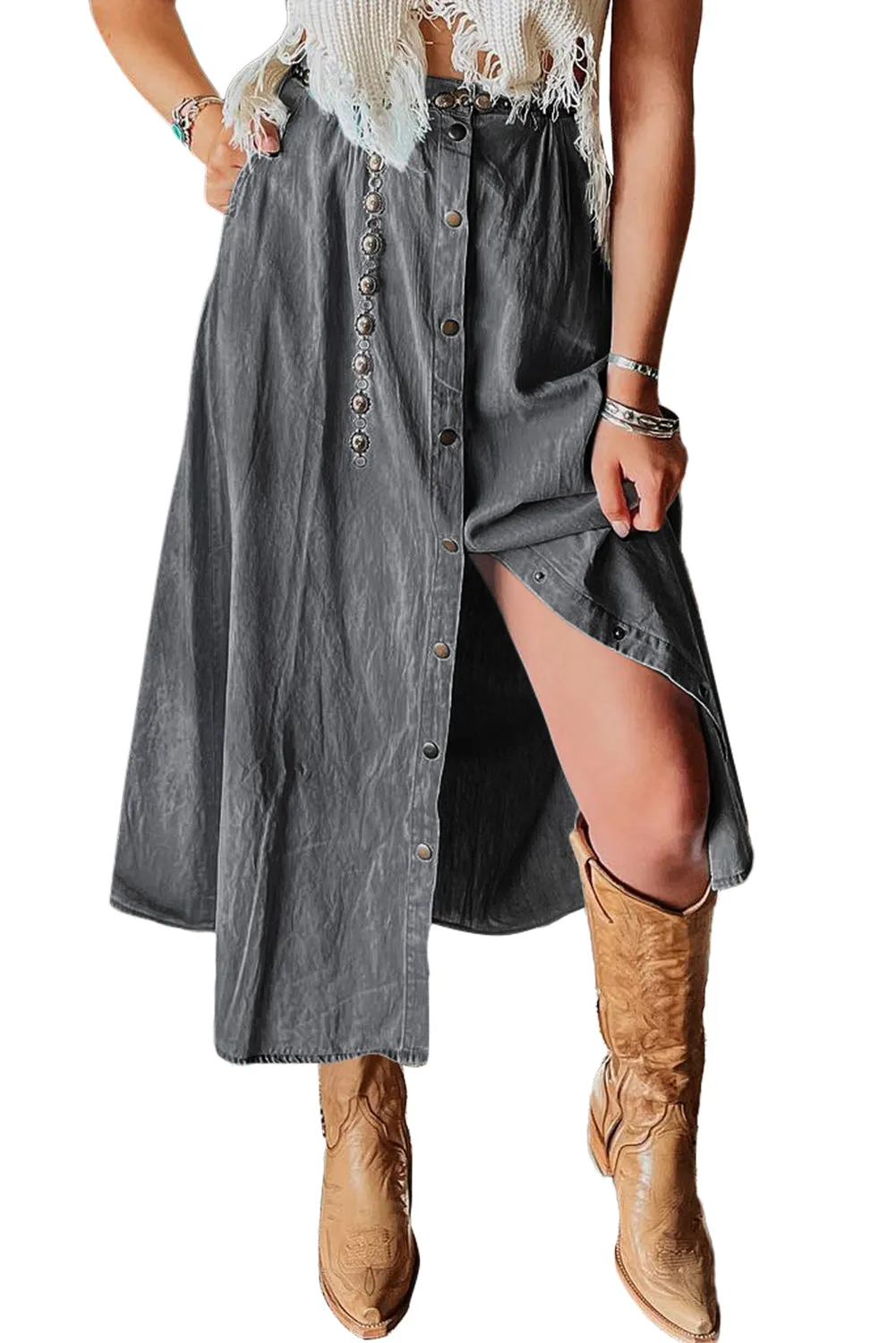 Dark Grey Fully Buttoned Long Denim Skirt