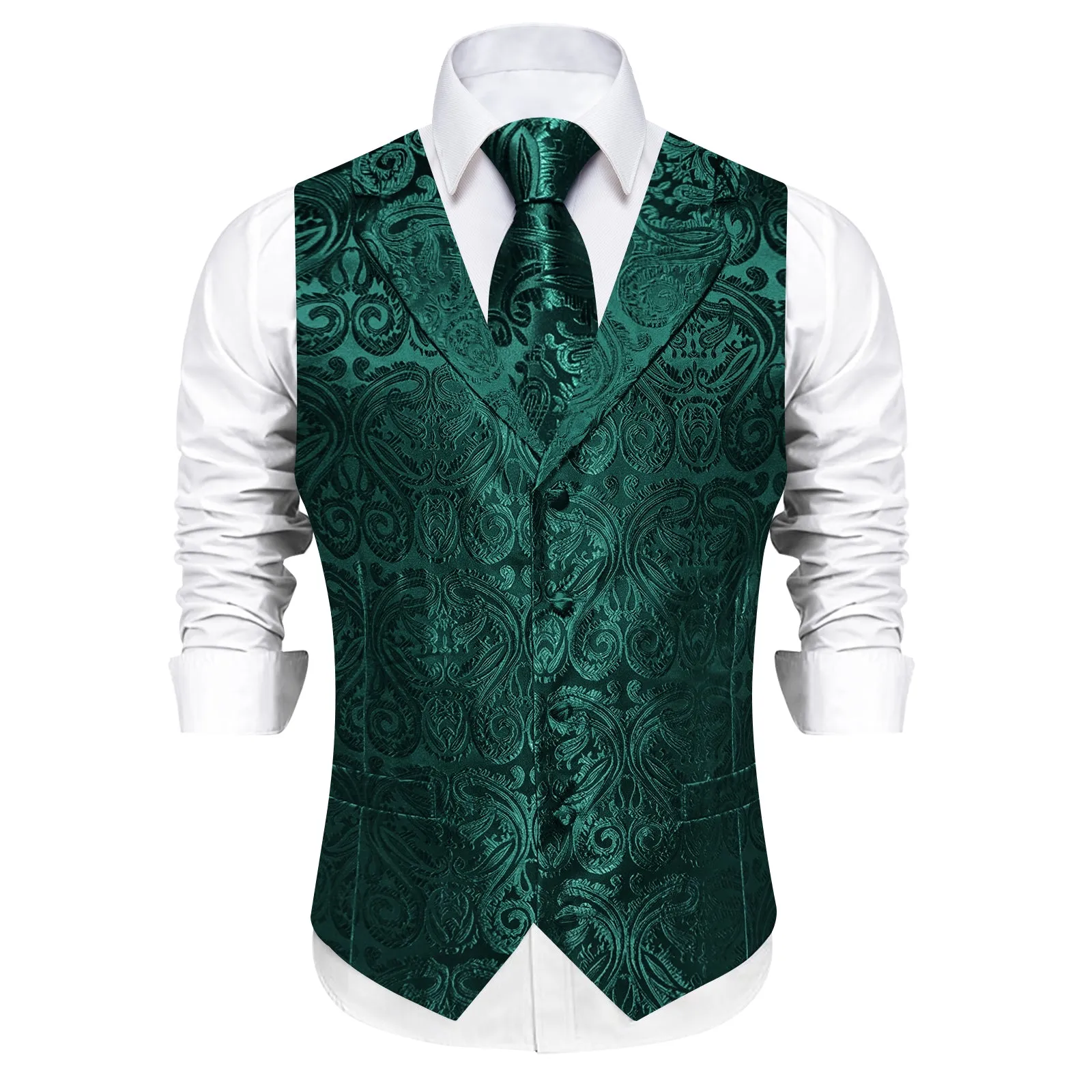 DiBanGu Dark Green Paisley Notched Collar Silk Mens Vest Tie Set