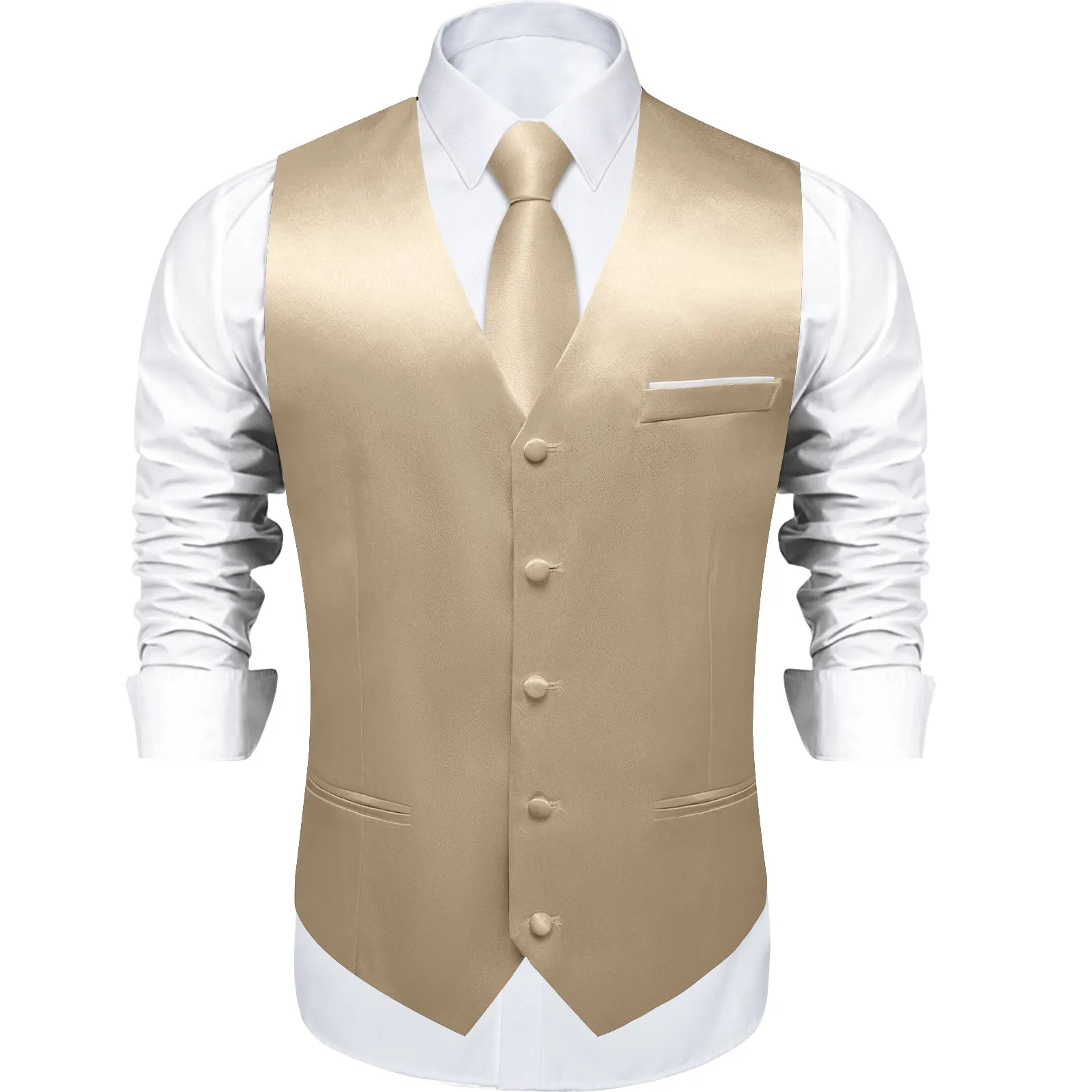 DiBanGu Mens Suit Vest Champagne Solid Satin Waistcoat Vest Tie Handkerchief Cufflinks Set