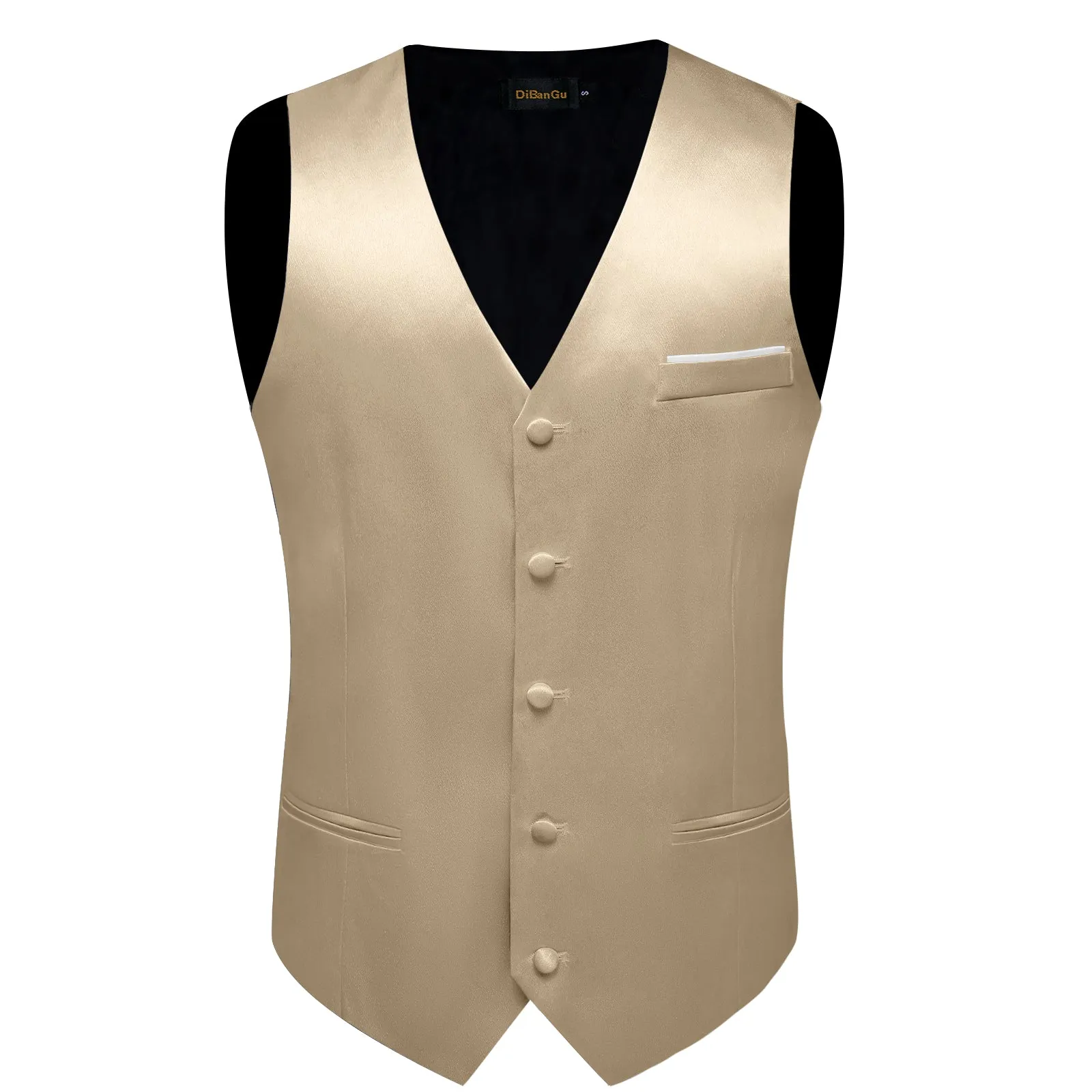 DiBanGu Mens Suit Vest Champagne Solid Satin Waistcoat Vest Tie Handkerchief Cufflinks Set