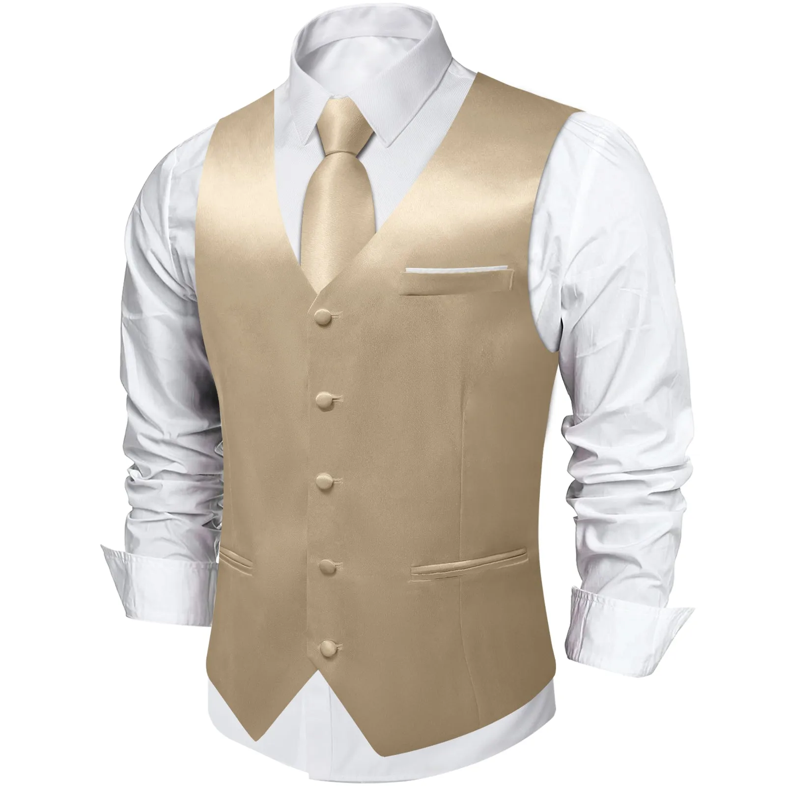 DiBanGu Mens Suit Vest Champagne Solid Satin Waistcoat Vest Tie Handkerchief Cufflinks Set