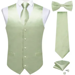 DiBanGu Mens Suit Vest Mint Green Solid Jacquard Vest Necktie Bow Tie Handkerchief Cufflinks Set