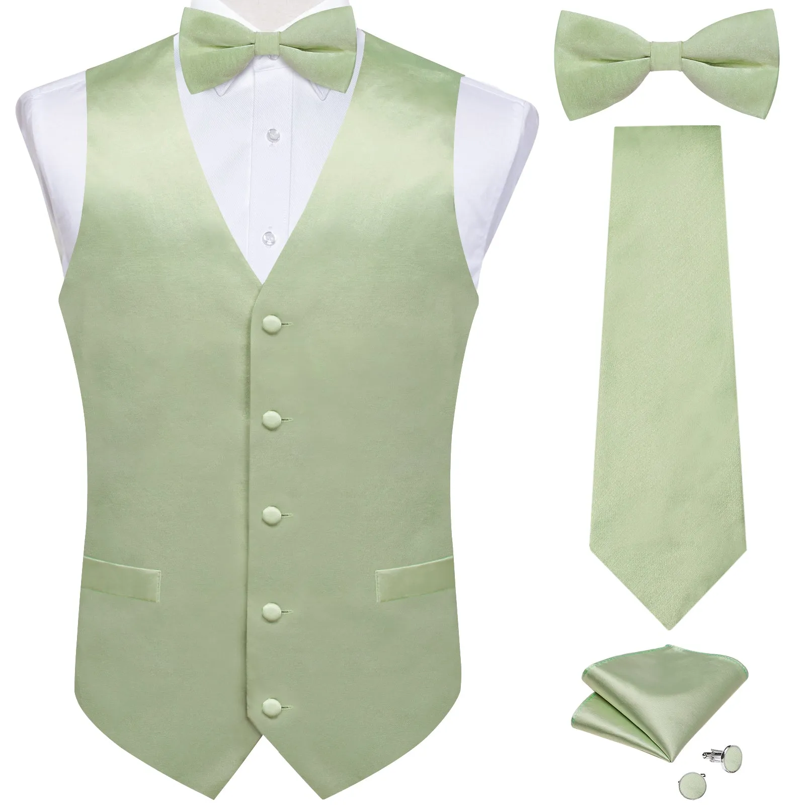 DiBanGu Mens Suit Vest Mint Green Solid Jacquard Vest Necktie Bow Tie Handkerchief Cufflinks Set