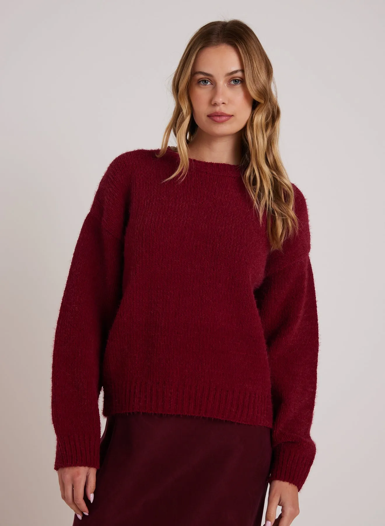 Drop Shoulder Fuzzy  Chenille Sweater - Deep Plum