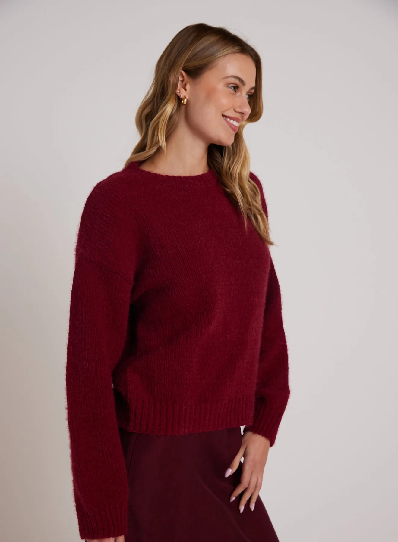 Drop Shoulder Fuzzy  Chenille Sweater - Deep Plum