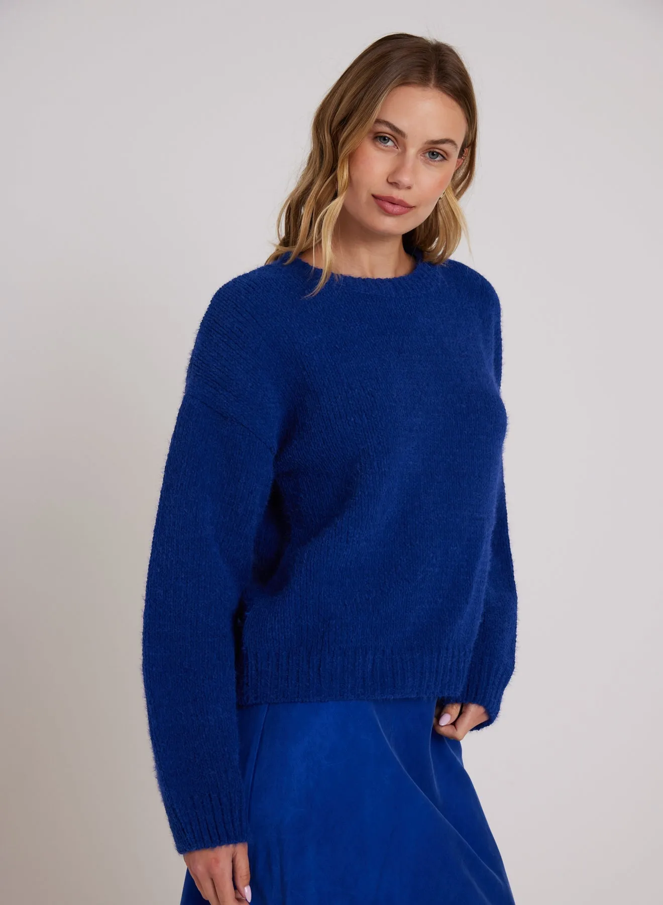 Drop Shoulder Fuzzy Chenille Sweater - Rich Cobalt