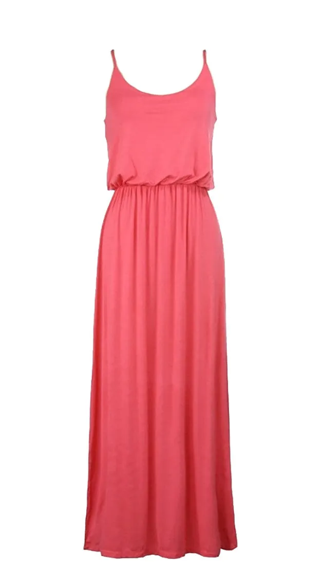 Elastic Waist Solid Maxi Tank Dress in Coral