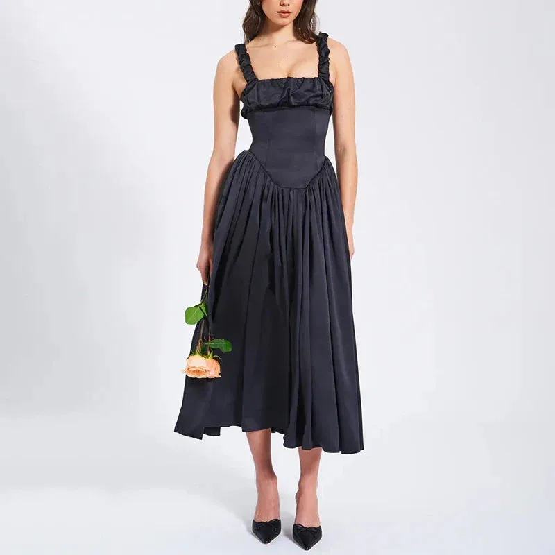 Elegant Maxi Ruched Satin Splice Maxi Women Sexy Suspender Dress Dress