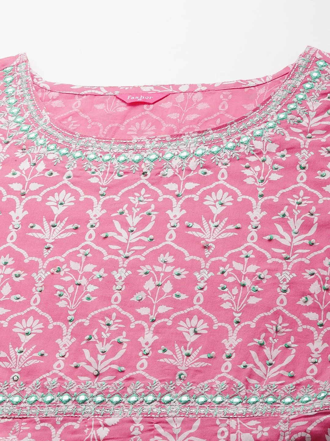 Ethnic Khari Printed & Hand Embroidered Flared Kurta – Pink