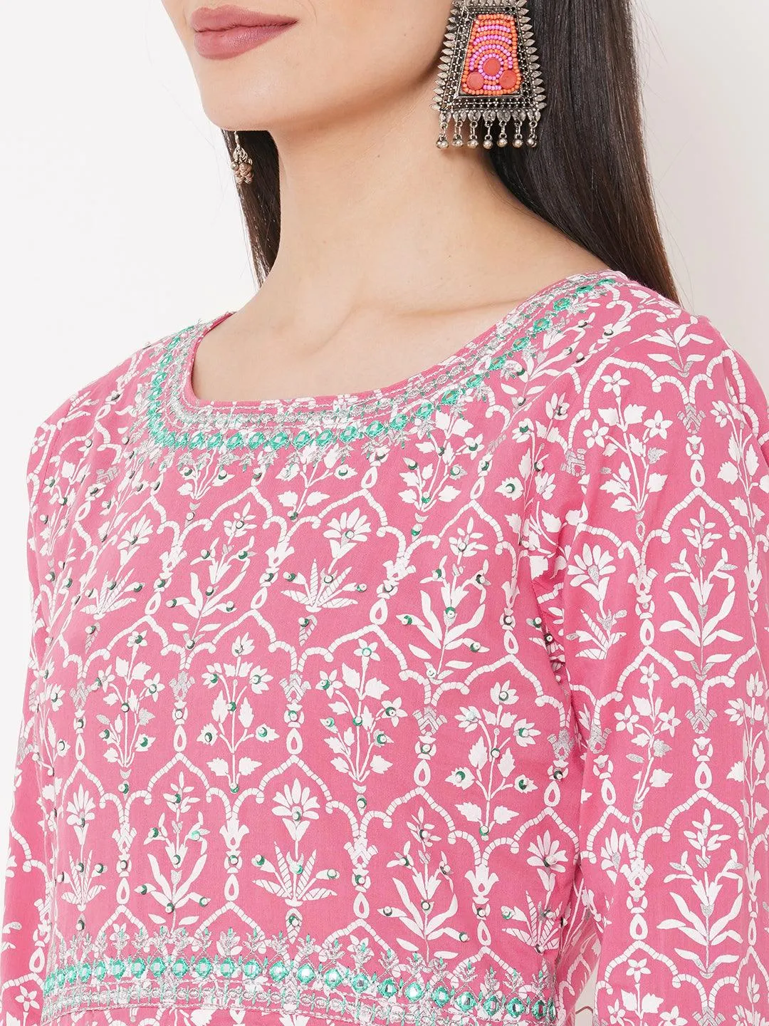 Ethnic Khari Printed & Hand Embroidered Flared Kurta – Pink