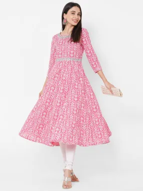 Ethnic Khari Printed & Hand Embroidered Flared Kurta – Pink