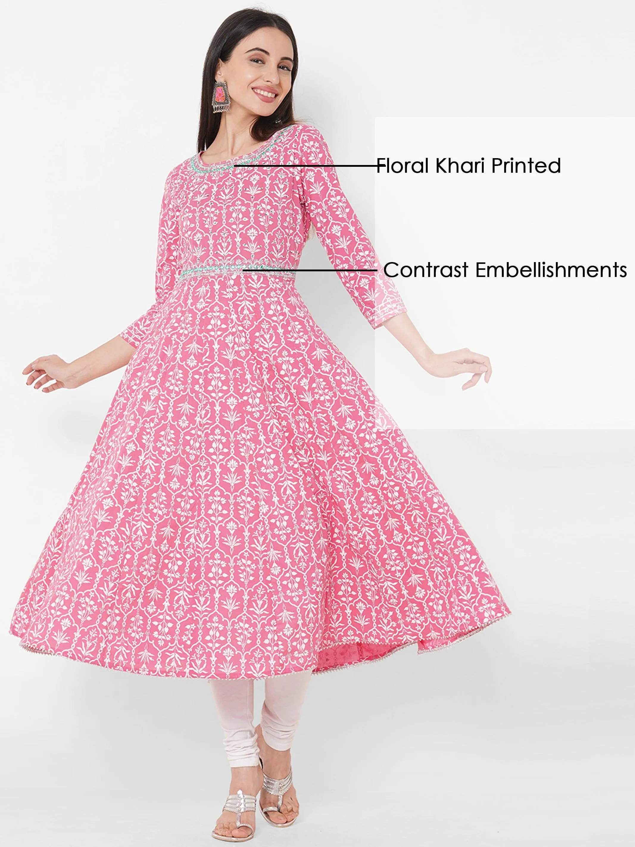 Ethnic Khari Printed & Hand Embroidered Flared Kurta – Pink