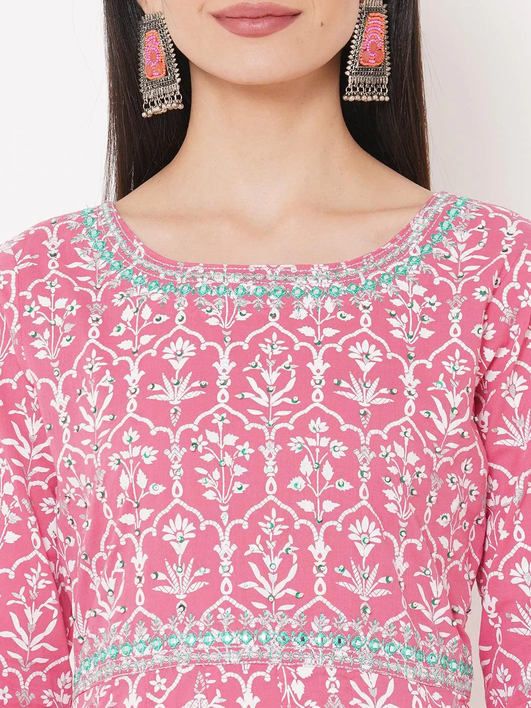 Ethnic Khari Printed & Hand Embroidered Flared Kurta – Pink