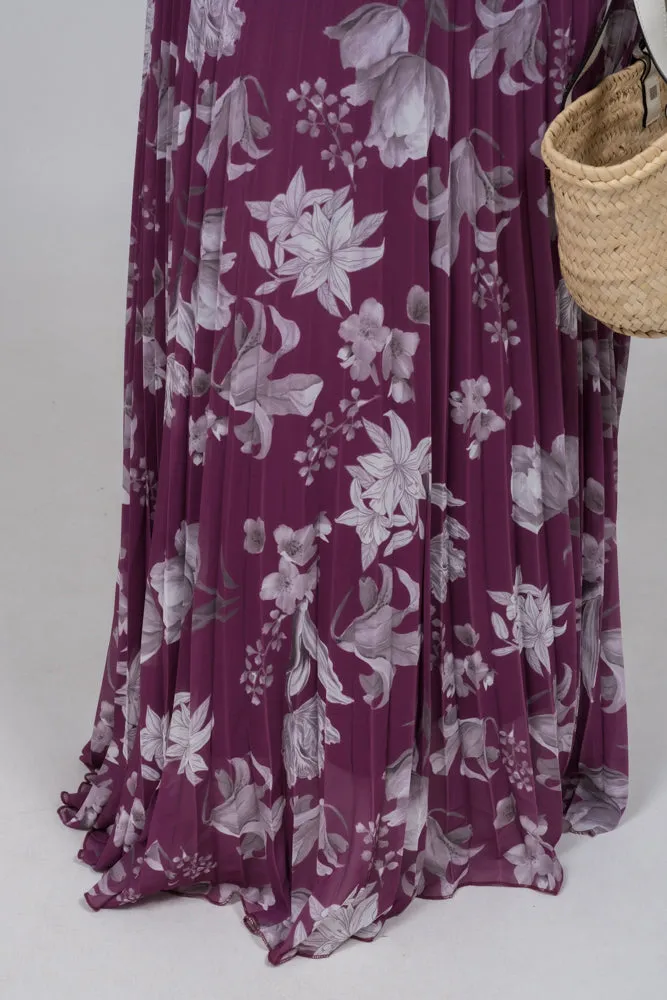 Everyday casual DESIGN high neck pleated maxi dress in ditsy floral print in purple