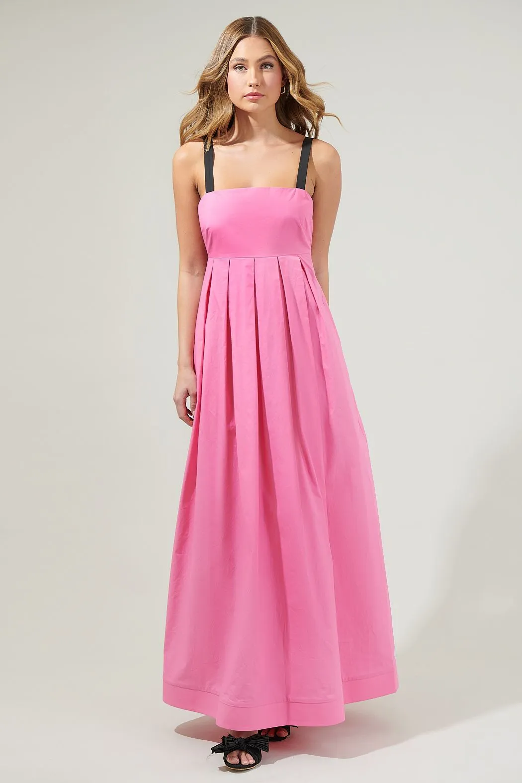 FABIOLA PINK PLEATED MAXI DRESS WITH BACK BLACK BOW/RIBBON