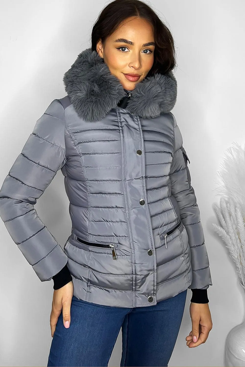 Faux Fur Trimmed Hoodie Belted And Quilted Winter Jacket