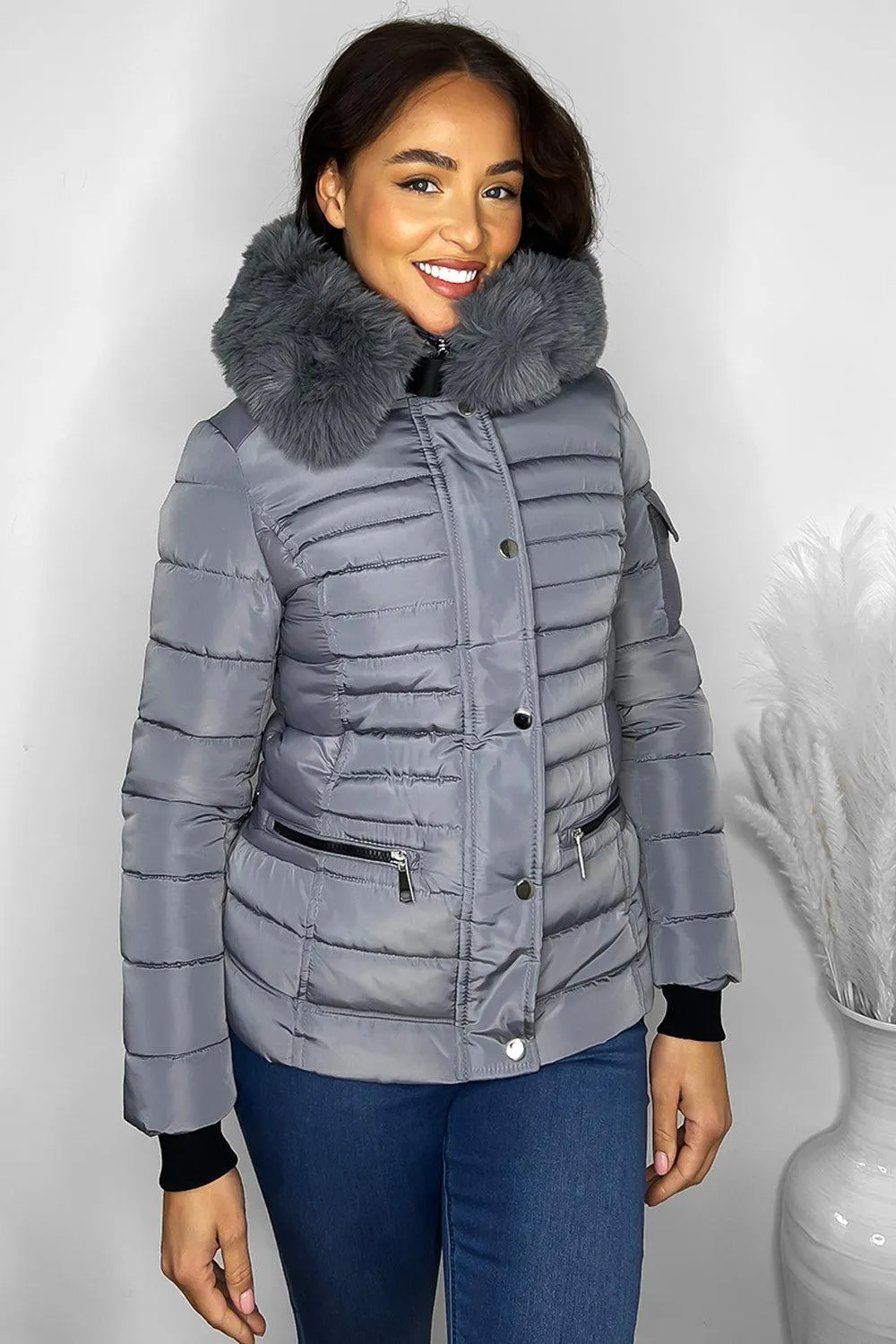 Faux Fur Trimmed Hoodie Belted And Quilted Winter Jacket