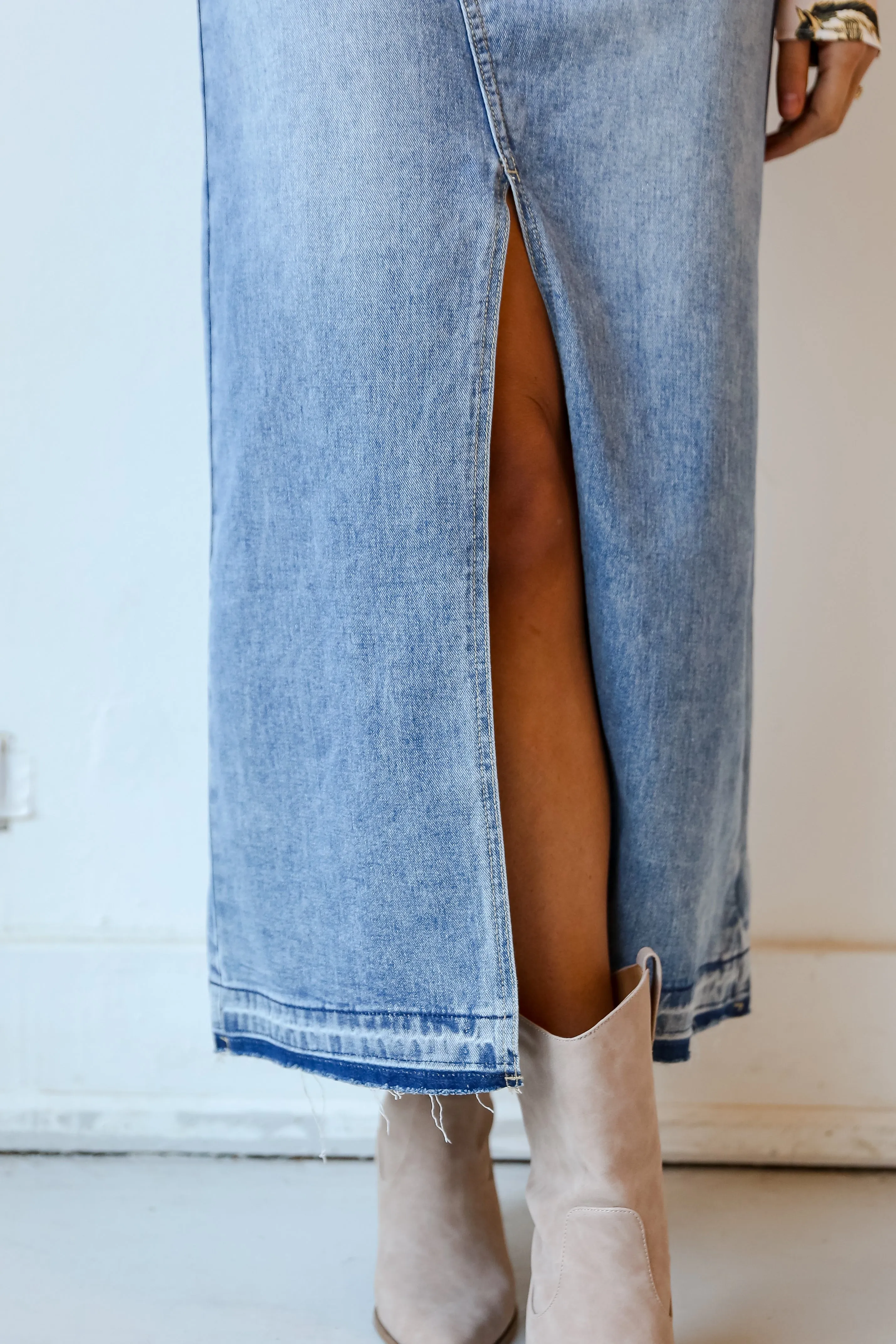 FINAL SALE - Playful Perfection Distressed Denim Maxi Skirt