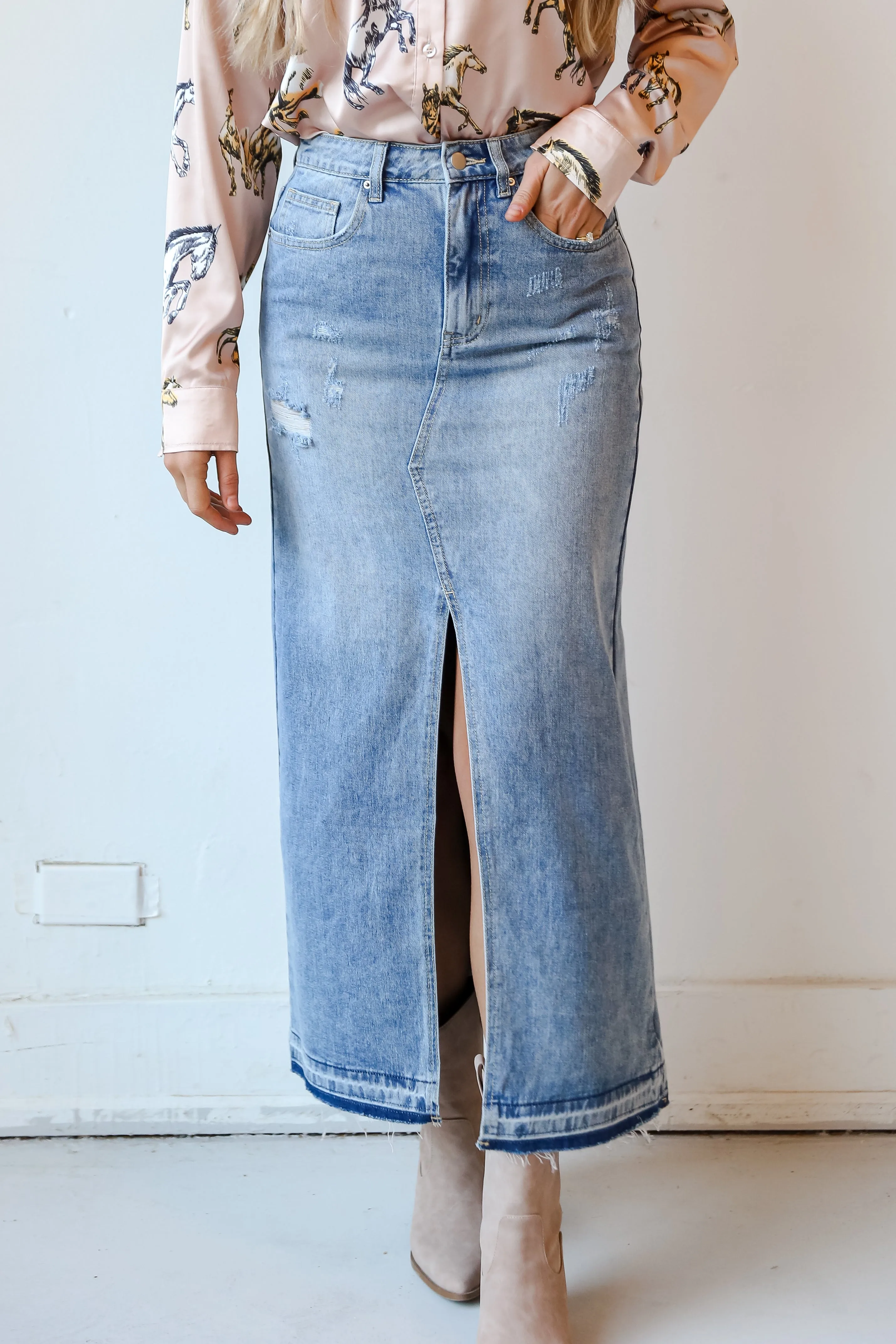 FINAL SALE - Playful Perfection Distressed Denim Maxi Skirt